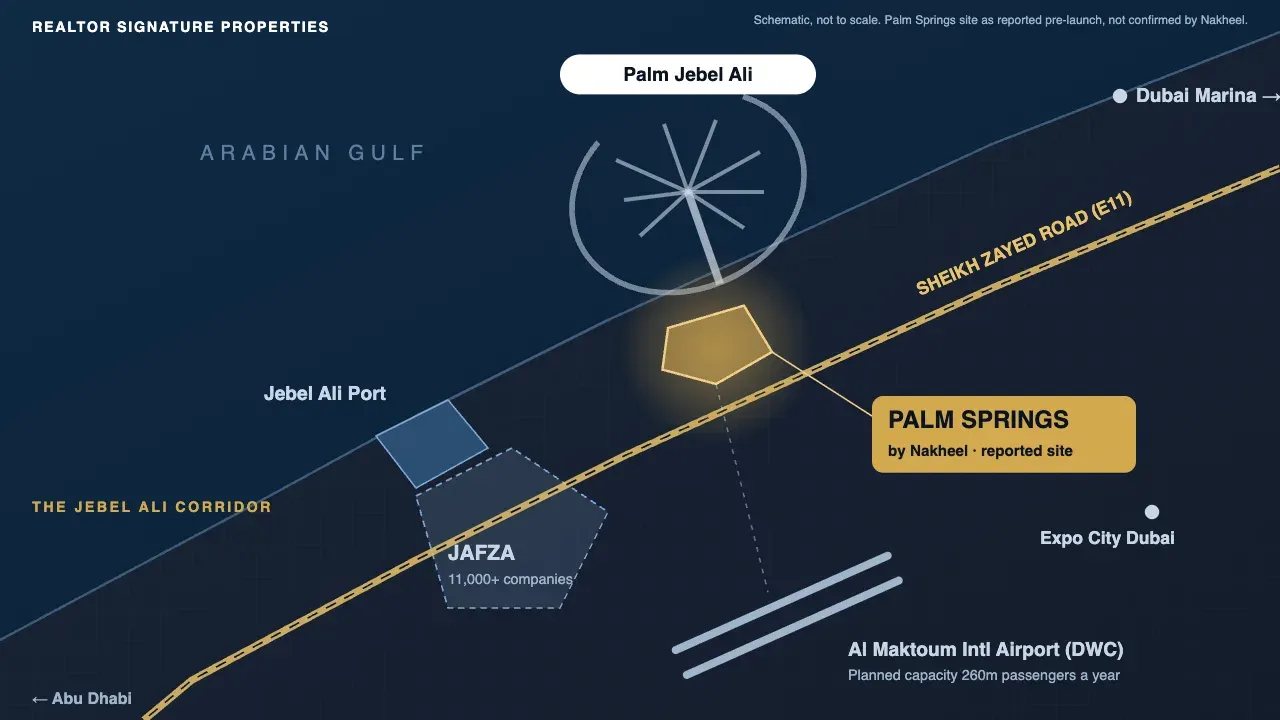 Palm Springs by Nakheel location map, beside Palm Jebel Ali, Jafza and Sheikh Zayed Road